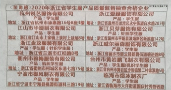 榮譽榜 2020年浙江省學生服產品質量監督抽查合格企業